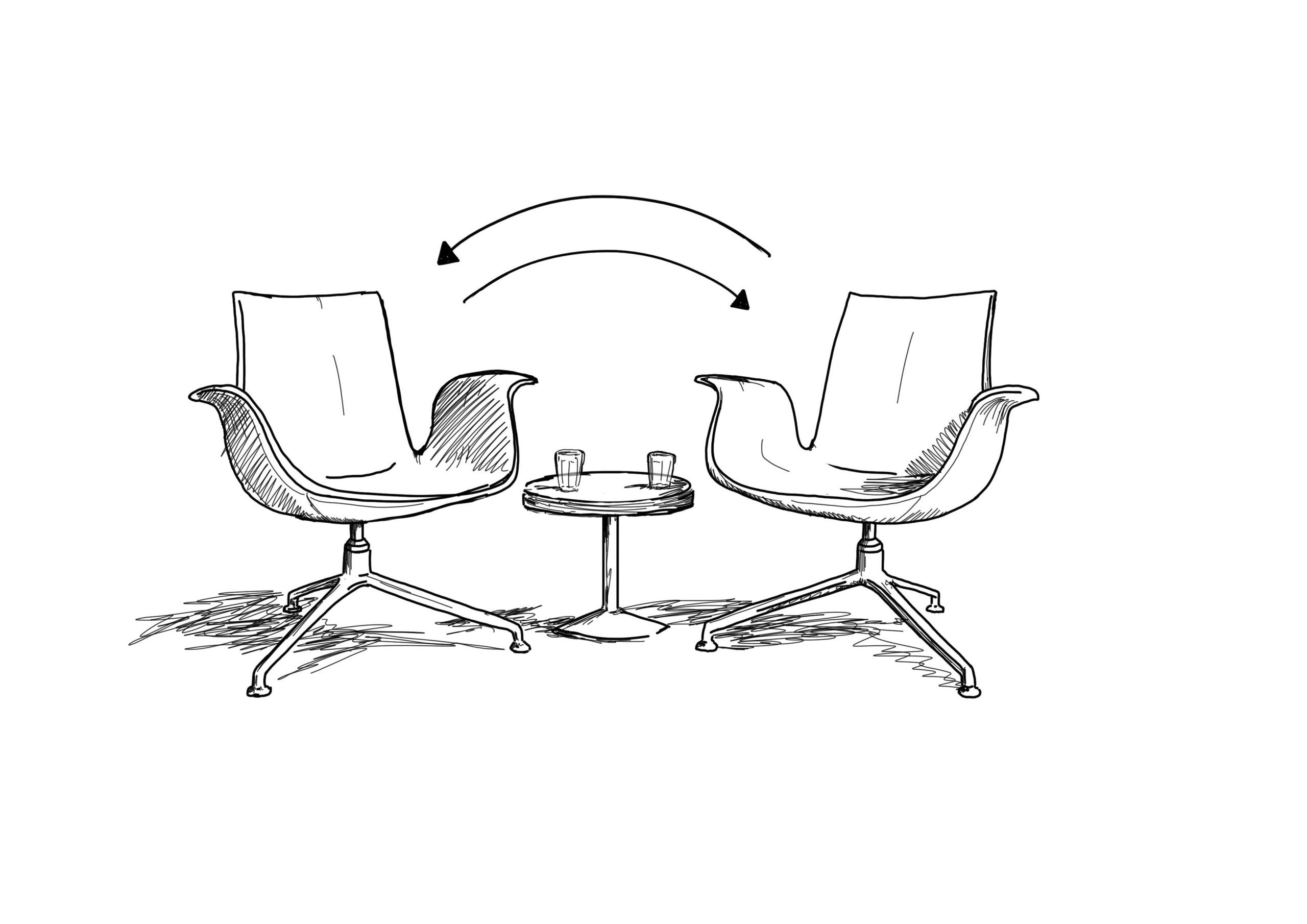 Zeichnung zweier Stühle und ein kleiner Beistelltisch zum Coaching nebeneinander gestellt.